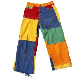 SHEIN Multi Colorblock Patchwork Jeans Womens Small High Waisted Raw Hem Denim